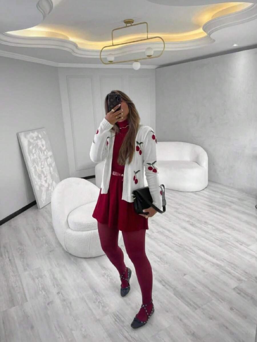 Cherry Knitting Winter Long Sleeve Cold Cherry Coat - 白色 - 查看 1