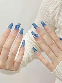 10PCS Blue Tip False Nails With Rhinestone Decor Ultra-Flexible Long Lasting Fake Nails For Professional Nail Art Salon Supply - Blue - View 2