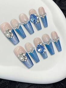 10PCS Blue Tip False Nails With Rhinestone Decor Ultra-Flexible Long Lasting Fake Nails For Professional Nail Art Salon Supply - Blue - View 1
