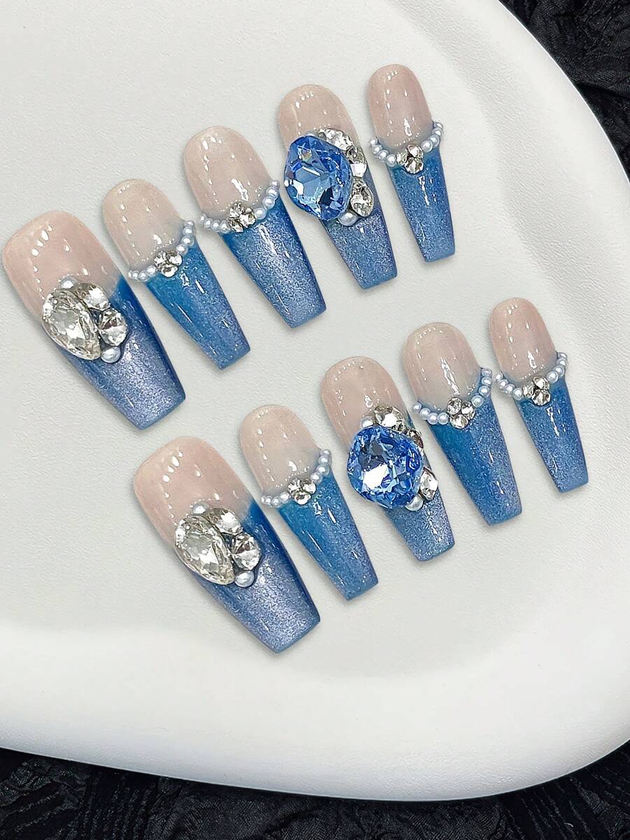 10PCS Blue Tip False Nails With Rhinestone Decor Ultra-Flexible Long Lasting Fake Nails For Professional Nail Art Salon Supply - Blue - View 1