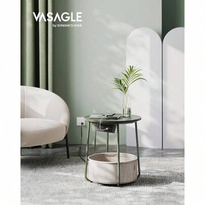 VASAGLE Side Table With Charging Station, Round End Table With Fabric Basket, Nightstand With Power Outlets USB Ports, For Living Room, Bedroom, Modern