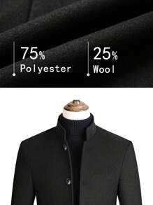 男士长袖修身立领单排扣羊毛冬季大衣 - 黑色 - 查看 4