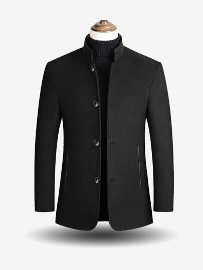 Men's Slim Fit Stand Collar Single-Breasted Woolen Coat Winter Overcoat