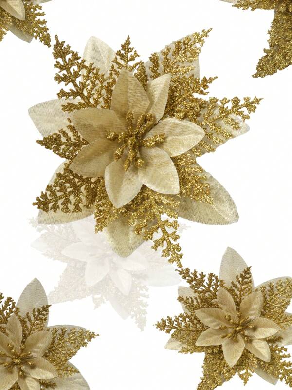 10PCS Flash Of Light Artificial Flower Head Christmas Tree Wreath DIY Decorations For Christmas, Wedding Party, Holiday Decoration(Golden),Christmas