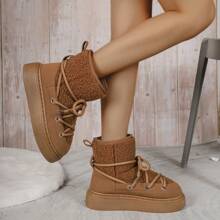 Giày bốt đi tuyết đế dày có dây buộc dành cho nữ, Giày bốt mùa đông lót nhung lông ngắn, Hàng mới thu đông 2024, thoải mái & đa năng - màu nâu - Xem 12