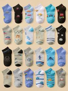 12對隨機圖案男童襪子，以卡通恐龍，汽車，帆船，鯊魚為特色；適合作為禮物贈送和日常穿著 - 彩色 - 查看 11