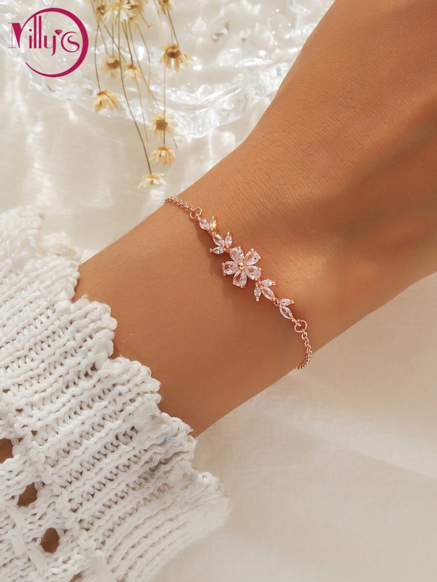 1pc Adjustable Copper Flower Zirconia Stone Bracelet, Suitable For Women Daily, Casual, Party Wear Valentines,Mom,Mother,Mother's Day,Gift - Rose Gold - View 1
