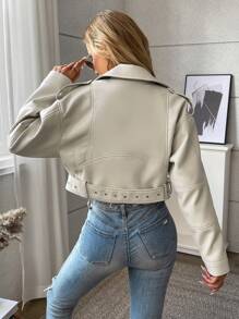 Áo khoác ngắn có khóa kéo đơn giản hàng ngày màu trơn cho nữ - Màu be - Xem 10
