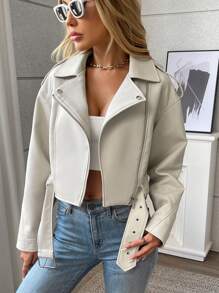 Áo khoác ngắn có khóa kéo đơn giản hàng ngày màu trơn cho nữ - Màu be - Xem 4