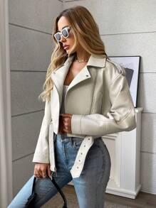 Áo khoác ngắn có khóa kéo đơn giản hàng ngày màu trơn cho nữ - Màu be - Xem 8