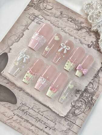 10Pcs/Set Long Coffin Nail Tips,Handmade Exquisite Nail Art Accessories. Including: 1 Pack Heart-Shaped Bowknot Decals, 1 Pack Lace Flower Nail Stickers, 1 Bottle Crystal Gel Polish & 1 Buffing Block. Ideal For Parties, Weddings & Daily Wear. Press On Nails Nail Supplies Nails