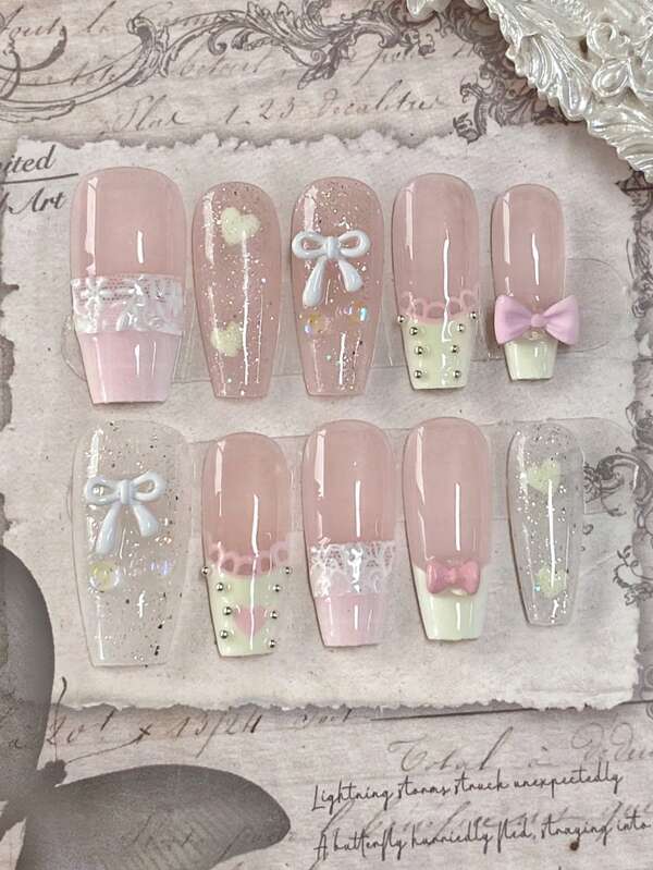 10pcs/Set Long Coffin Nail Tips,Handmade Exquisite Nail Art Accessories. Including: 1 Pack Heart-Shaped Bowknot Decals, 1 Pack Lace Flower Nail Stickers, 1 Bottle Crystal Gel Polish & 1 Buffing Block. Ideal For Parties, Weddings & Daily Wear. Press On Nails