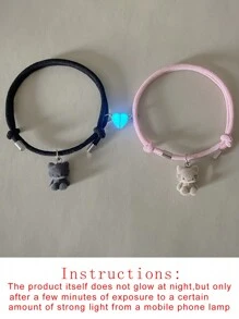 ATLVXJL 2件套夜光情侣手链，可爱猫咪和爱心吊坠，黑暗中会发光，万圣节和情人节礼物，情侣礼物 - 彩色 - 查看 10