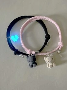 ATLVXJL 2件套夜光情侣手链，可爱猫咪和爱心吊坠，黑暗中会发光，万圣节和情人节礼物，情侣礼物 - 彩色 - 查看 6