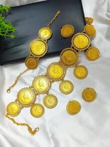 1 条项链，1 条手链，1 枚戒指，1 对耳环复古硬币肖像镀金首饰套装，女士时尚首饰，适合沙特阿拉伯、欧洲、美国、中东、迪拜、婚礼、派对、圣诞节、新年礼物 - 金黃色 - 查看 2