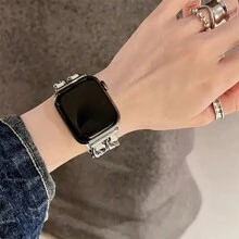 全新 PU 皮革拼接表带，适用于 38mm/40mm/41mm/42mm/44mm/45mm/49mm 手表，时尚手工表带，适用于 SE9/8/7/6/5/4/3/2/1 系列女款 - 銀 - 查看 3