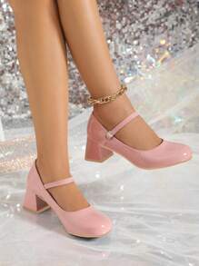 New Shiny Patent Leather Thick Heel Round Toe Pink High Heels For Women. Fashionable Instep Strap Buckle Mary Jane Shoes, Comfortable For Indoor Outdoor Party Evening Banquet High Heel Pumps, Pink High Heels - Dusty Pink - View 7