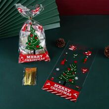 50pcs Christmas Party Candy Bags, Christmas Party Gift Bags, Christmas Packaging Bags, Party Supplies (With 1 Pack Of Ribbon)