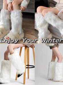 Winter Women Fluffy Fluffy Leg Warmers Fuzzy Long Boot Covers Furry For Christmas - White - View 3