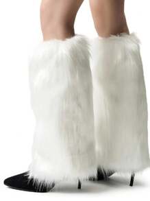 Winter Women Fluffy Fluffy Leg Warmers Fuzzy Long Boot Covers Furry For Christmas - White - View 2