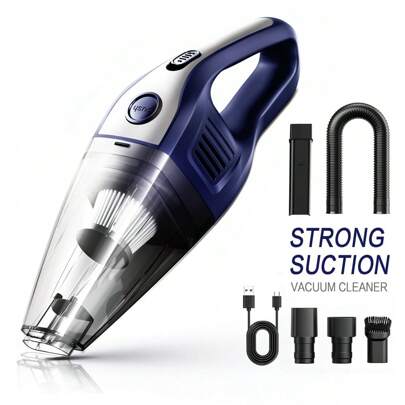 CascadeVac 2000mAh便携式手持吸尘器，强劲吸力，USB充电迷你吸尘器，配备多种配件，适用于汽车、家庭、办公室和缝隙清洁。