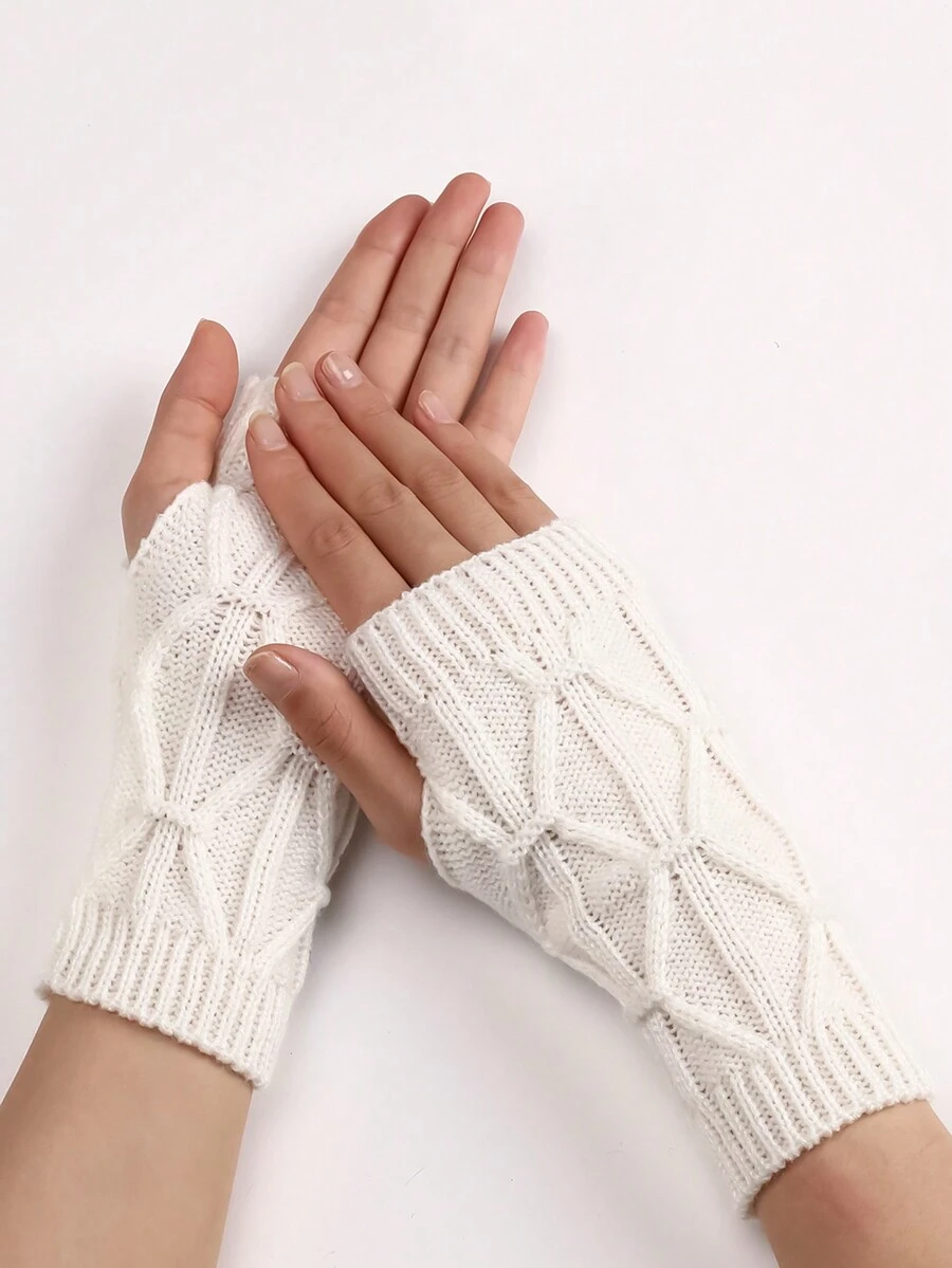 1 Đôi Găng tay len nửa ngón chống gió đơn giản và thời trang màu trắng họa tiết lưới kim cương thoải mái, thân thiện với làn da, ấm áp dành cho nữ - trắng - Xem 1