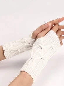 1 Đôi Găng tay len nửa ngón chống gió đơn giản và thời trang màu trắng họa tiết lưới kim cương thoải mái, thân thiện với làn da, ấm áp dành cho nữ - trắng - Xem 2