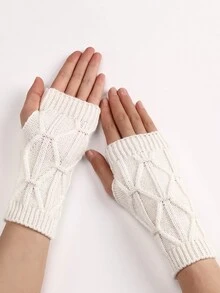 1 Đôi Găng tay len nửa ngón chống gió đơn giản và thời trang màu trắng họa tiết lưới kim cương thoải mái, thân thiện với làn da, ấm áp dành cho nữ - trắng - Xem 3