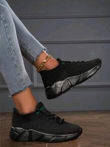 女士黑色透气缓震平底运动鞋 - 舒适四季系带休闲鞋，时尚编织纹理弹性面料材质，低帮 - 黑色 - 查看 3