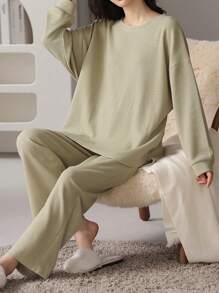 AICJ Set de 2 piezas de pijama de mujer con top de manga larga y pantalones a juego, de unicolor, estilo minimalista casual de tejido de punto acanalado, para primavera/otoño/invierno