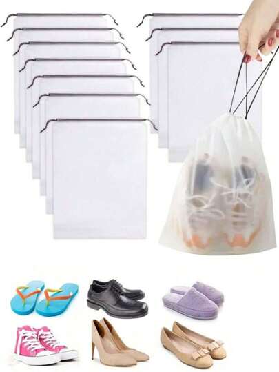 10pcs Matte Translucent Plastic Sneakers Storage Bag, Reusable Portable Drawstring Shoes Storage Box Home Storage Organizer