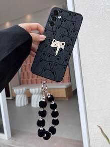 1 个黑色 TPU 手机壳，带黑白猫图案，具有防撞保护作用，1 个配套黑色毛绒球手机带，适用于 iPhone、Galaxy、Redmi、OPPO 手机