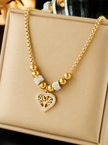 Stainless Steel Plated Heart Shape Necklace With Tree Hollow Pendant, Elegant Jewelry For Men & Women - Yellow Gold - View 8