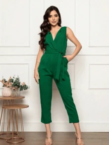 Linhão Jumpsuit - Women's Fashion - Elegant And Sophisticated - Jumpsuit With Tie-Up Sash On The Side - màu xanh lá - Xem 2