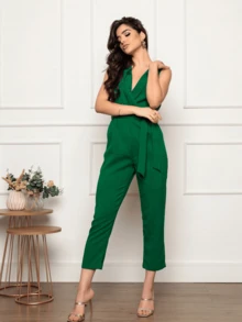 Linhão Jumpsuit - Women's Fashion - Elegant And Sophisticated - Jumpsuit With Tie-Up Sash On The Side - màu xanh lá - Xem 4