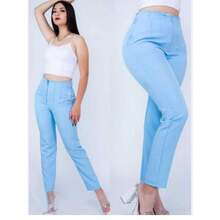 Pantalón con pinzas de talle alto y corte cónico para mujer, elegante, con bolsillos simulados, color liso, cómodo y de elasticidad media. - Azul - Ver 2