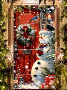 1pc Christmas Themed Door Flag, Beautifully Featuring Snowman, Falling Snowflakes, Festive Wreath, Paired With Red Wooden Door, Lively Birds And Colorful Gifts, Creating A Warm And Romantic Winter Snowy Scene. Suitable For Indoor And Outdoor Door/Wall Decor, Whether For Cozy Christmas Family Gatherings Or Lively Christmas Parties, It Can Instantly Enhance The Holiday Atmosphere And Add A Strong Christmas Vibe To Your Home And Event Space, An Excellent Choice For Holiday Decorations.