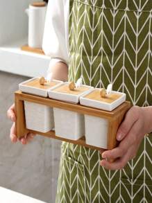 Kit With 3 Pieces Ceramic Storage Holder With Bamboo Support - trắng - Xem 1