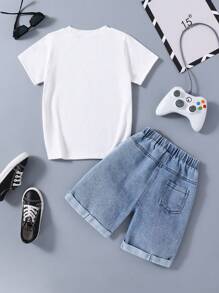 Young Boy Cartoon Print Short Sleeve Tee And Denim Shorts Set