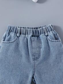 Young Boy Cartoon Print Short Sleeve Tee And Denim Shorts Set