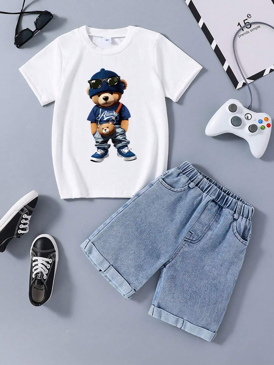 Young Boy Cartoon Print Short Sleeve Tee And Denim Shorts Set