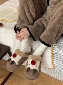 Dép đi trong nhà hình con nai Giáng sinh dễ thương cho nam, Dép đi trong nhà bằng vải nhung mùa đông - màu nâu - Xem 2