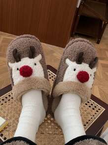 Dép đi trong nhà hình con nai Giáng sinh dễ thương cho nam, Dép đi trong nhà bằng vải nhung mùa đông - màu nâu - Xem 3