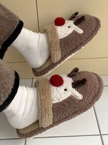 Dép đi trong nhà hình con nai Giáng sinh dễ thương cho nam, Dép đi trong nhà bằng vải nhung mùa đông - màu nâu - Xem 4