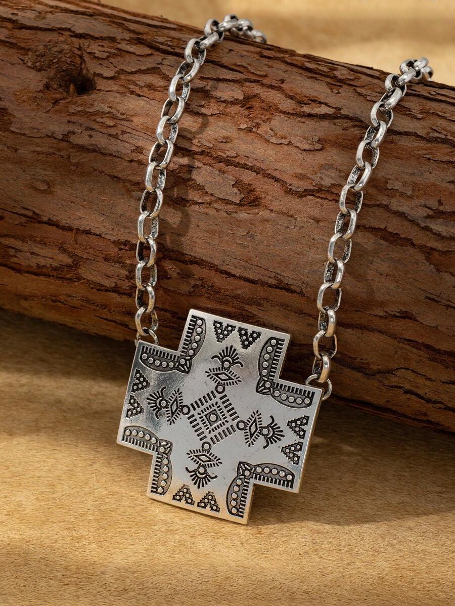 Một chiếc vòng cổ kiểu Bohemian Retro đơn giản được in bằng tay theo phong cách Châu Âu và Mỹ Hợp kim kẽm hình học Dây chuyền bạc cổ dành cho phụ nữ, thích hợp để đeo hàng ngày. - Màu Bạc Cổ - Xem 1