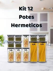 Kit 12 Airtight Acrylic Pots With Lid 2.2L 1.6L 800ml Groceries Kitchen Decoration Utensils - 無色 - 查看 1
