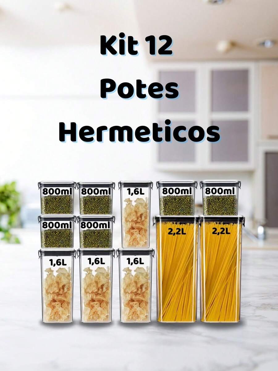 Kit 12 Airtight Acrylic Pots With Lid 2.2L 1.6L 800ml Groceries Kitchen Decoration Utensils - 無色 - 查看 1