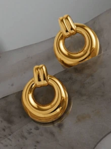 1pair Fashionable Simple Circular Hoop Earrings, Heavy Metal Statement Earrings, Elegant Day Wear For Women - Gold - View 5