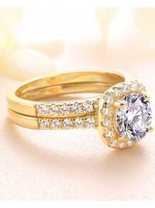 1 件奢华金色方晶锆石女士戒指套装和 1 件不锈钢男士戒指，情侣戒指，结婚珠宝礼物 - 金色 - 查看 6