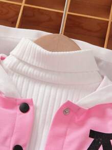 2件套女童休闲学院风星星字母印花撞色长袖连帽外套和裤子套装，轻薄面料，适合春秋季穿着 - 玫紅色 - 查看 2